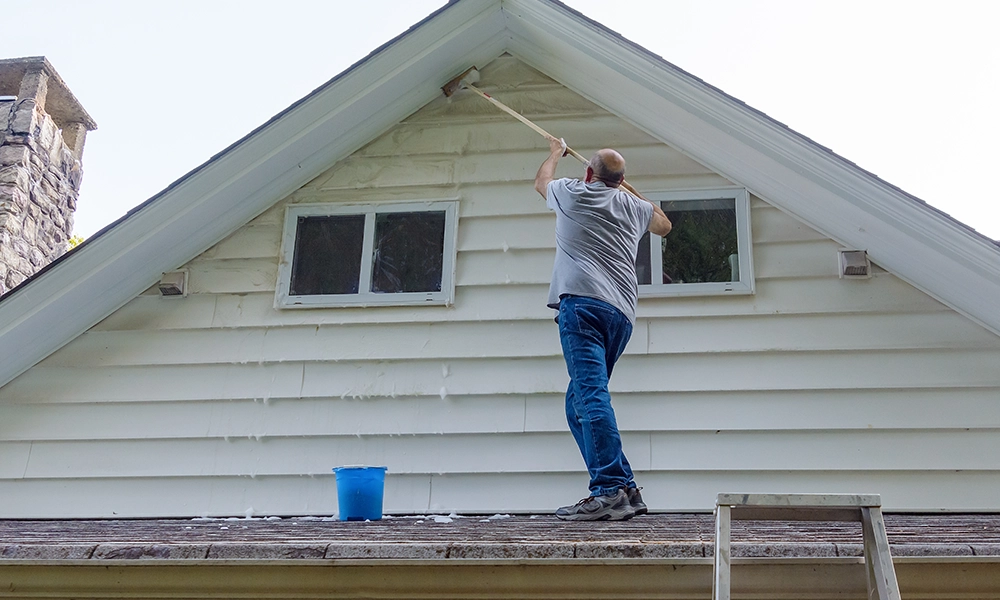 Homeowner standing on roof cleaning with a brush and homemade solution.