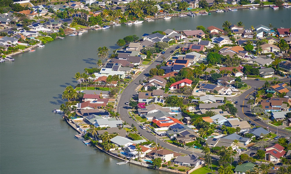 Aerial view of the Hawaii Kai residential neighborhood on O'ahu island.