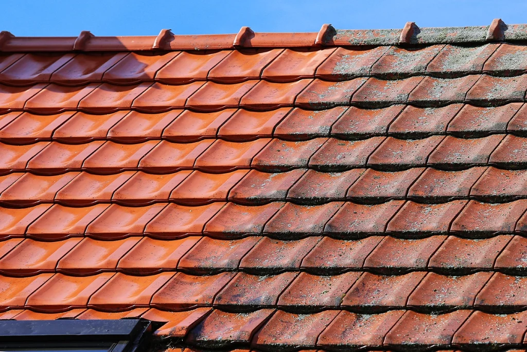 Red/oregange roof iles with half of them clean and half dirty,